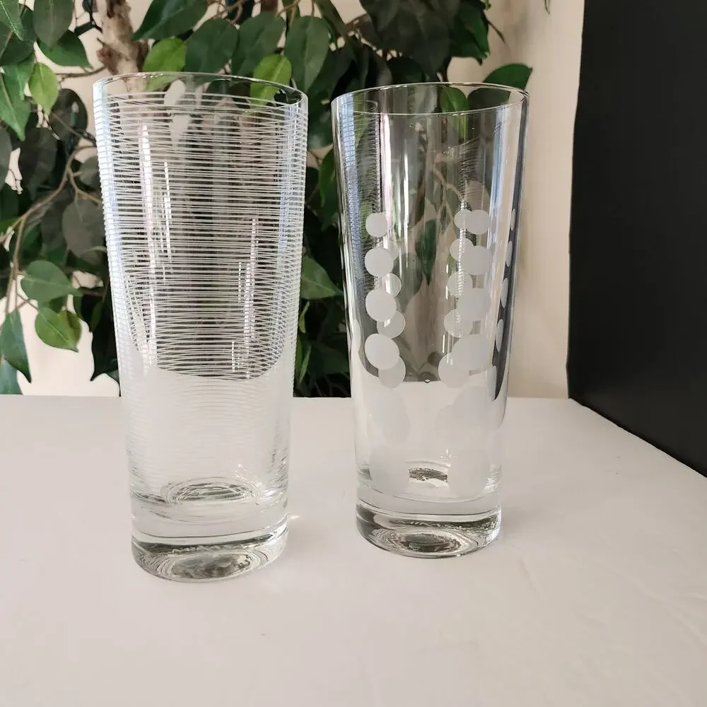 Vtg 2 Mikasa Cheers Highball Etched Glasses Pin Stripes & Dots New Y2K